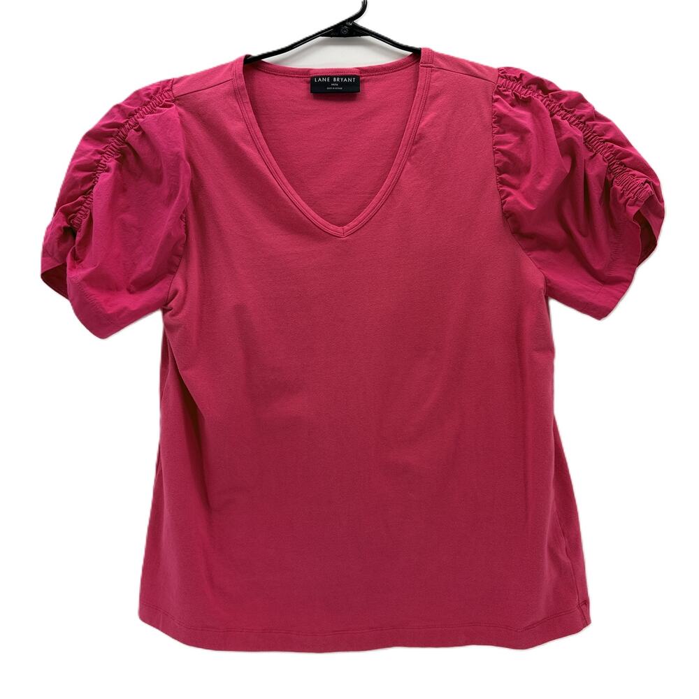 Lane Bryant Pink V-Neck Ruched Sleeve Top - Size 14/16 Plus